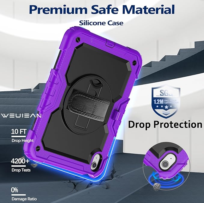 Weuiean Case for iPad A16 11th/10th Generation 11/10.9 Military-Grade Heavy-Duty Shockproof Cover with 360° Rotating Stand Built-in Pencil Holder &amp Adjustable Hand/Shoulder Strap - Purple+Blac