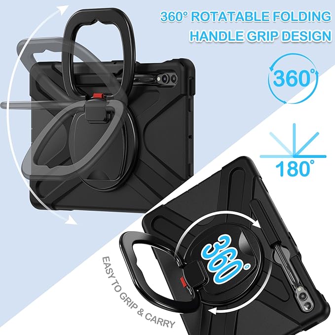 BATYUE Case for Samsung Galaxy Tab S10+ Plus /S9 FE+ Plus /S9+ Plus /S8+ Plus /S7+ Plus /S7 FE 5G 12.4 inch Shockproof Protective Tablet Case with Shoulder Strap Kickstand Black