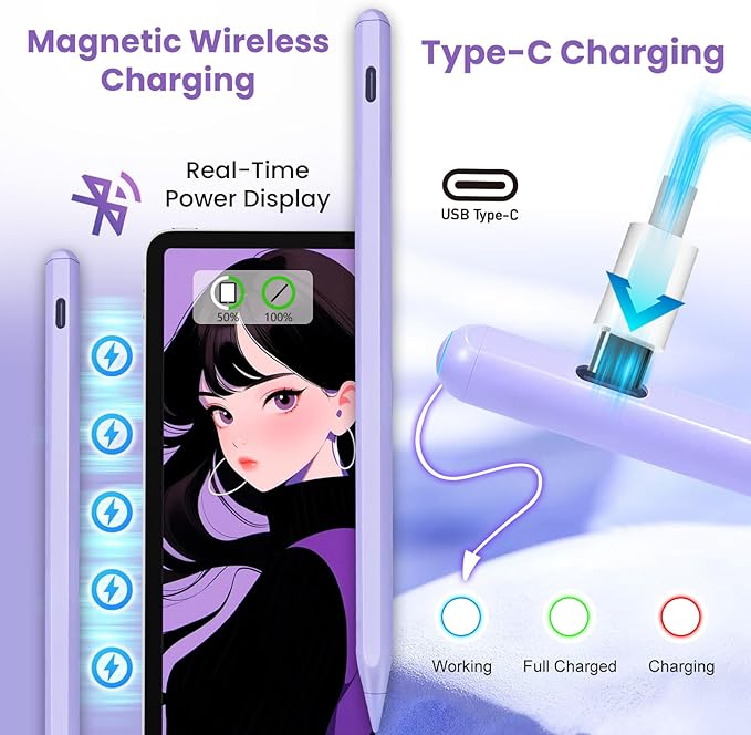 Pencil Pro for iPad with Magnetic Wireless ChargingPalm RejectionStylus Pen for Apple iPad 10th/9th/9thAir 5thPro 12.9/11Mini 6th GenerationPurple