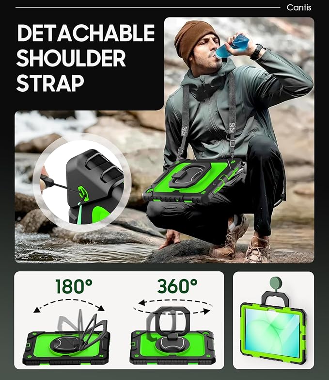 Cantis Case for Samsung Galaxy Tab A11 Plus 11 Inch 2026 (SM-X230/X236/X238) Shockproof Case for Tab A11+ with Screen Protector/Rotating Stand/Pen Holder/Shoulder Strap (Black+Green)