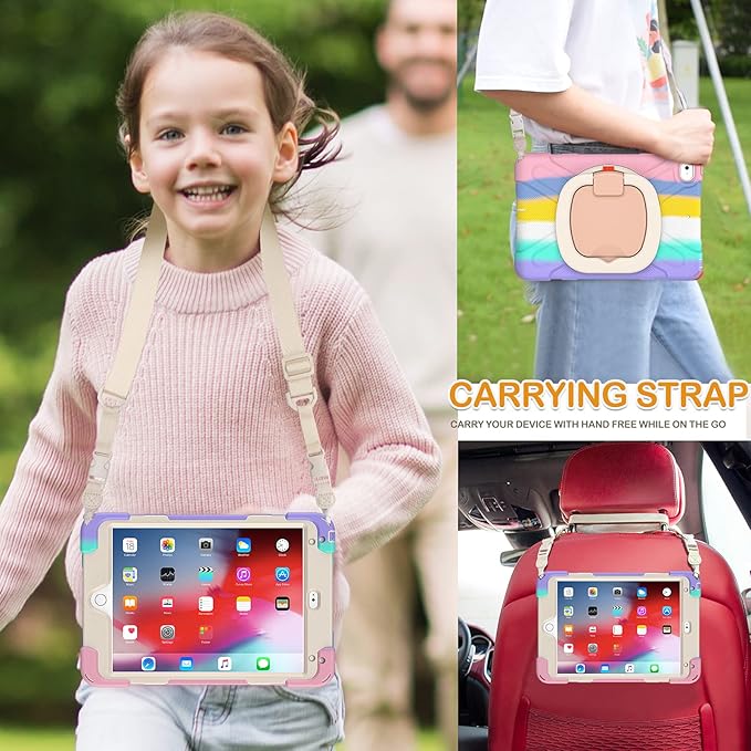 BRAECN Kid Case for iPad mini 5/4 | Shockproof Silicone Cover with Shoulder Strap Kickstand Pencil Holder &amp Anti-Slip Grip | Compatible with iPad mini 5th/4th Generation 7.9 - Colorful Pink
