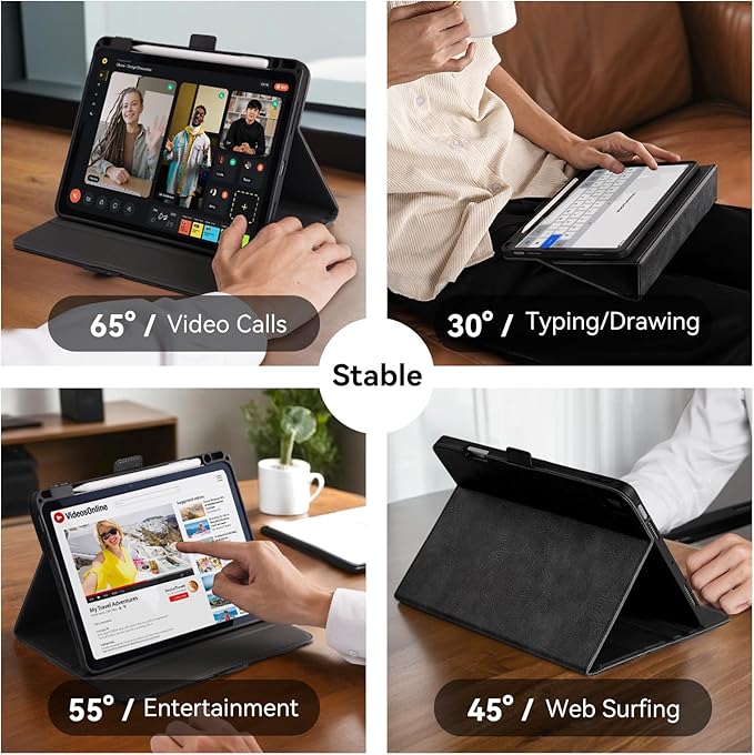 Case for iPad Air 11 Inch M4/M3/M2 (2026/2025/2024)iPad Air 5th/4th Generation 10.9'' Folio Cover with Pencil Holder PocketMagnetic ClosureMulti Angles StandAuto Sleep/WakeBlack