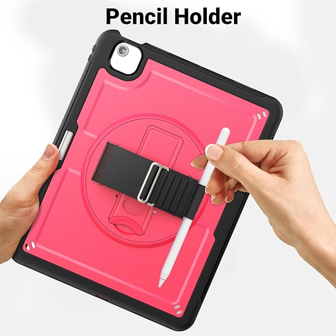 Batianda Case for iPad Air 13-inch 2025 M3 2024 M2 Chip Multilayered Rugged Durable Shockproof Tablet Cover with 360° Rotating Hand Strap Foldable Hidden Stand Pink