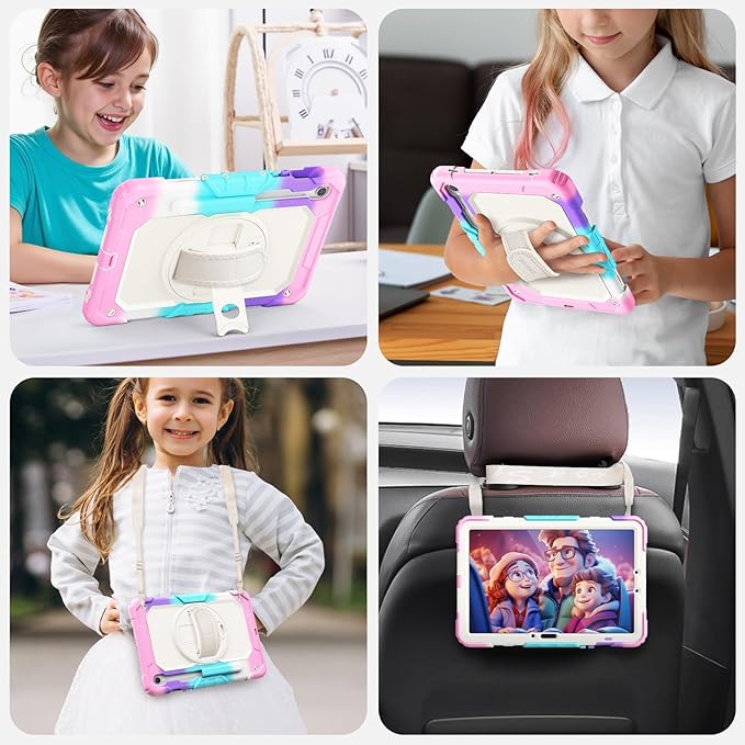 SEYMAC Case for Samsung Galaxy Tab S10 Lite/ S10 FE/ S9 FE/ S9 5G (10.9''/11'') Heavy Duty Shockproof Protective Case with Screen Protector Rotating Stand Hand Strap and Pen Holder Pink