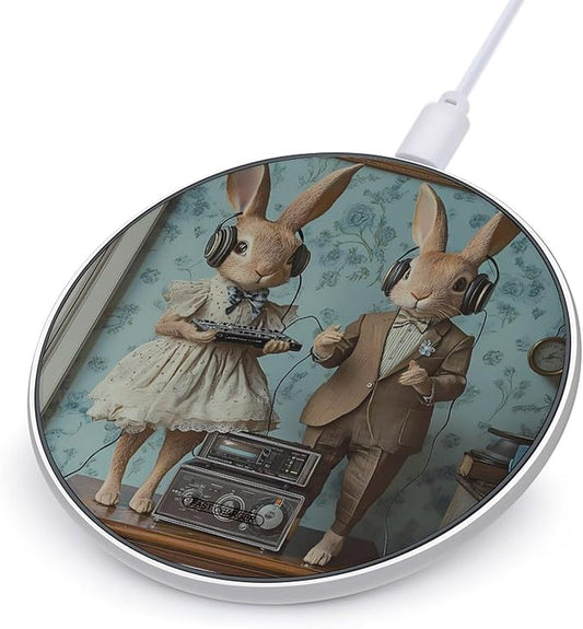 Bunnies Listening with Headphones Wireless Charger Anti-Slip Wireless Charging Pad Slim Charger Mat for Men Women