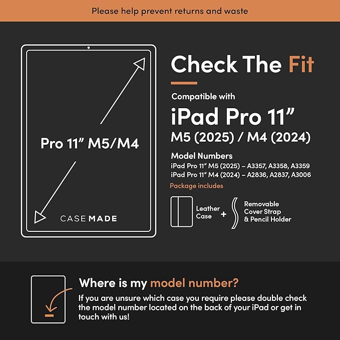 Casemade Real Leather Case Compatible with iPad Pro 11” M5 (2025)/M4 (2024) - Full-Grain Leather Cover Auto Sleep/Wake Dual Stand Position (Black)