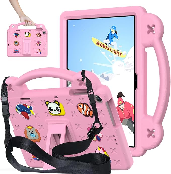 Compatible with Amazon Fire HD 8/HD 8 Plus (2020/2022)/Fire HD 8 2024 Tablet Case Kids Friendly Universal Lightweight Shockproof Protective Case with Shoulder Strap &amp Stand Handle Pink