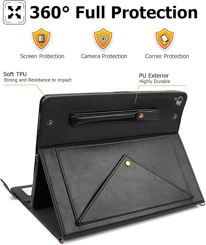 Dteck Case for iPad 6th/5th Generation 9.7 Inch 2018/2017/iPad Air 2/1Premium PU Leather Business Folio Stand Smart Auto Wake/Sleep Cover Shoulder/Hand Strap Pencil Holder Wallet CaseBlack
