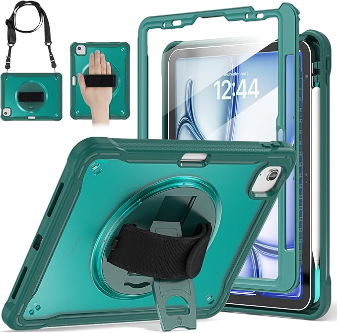 BRAECNstock Case for iPad Air 11-inch M4 2026/ M3 2025/ M2 2024 and Air 5th/4th Gen 10.9‘’ &amp Pro 11-inch 1st-4th 2018-2022 Kids Cover with Pencil HolderScreen ProtectorHandle Stand-Midnight Gree