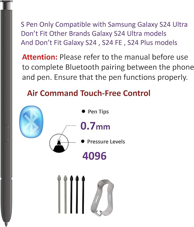 Galaxy S24 Ultra S Pen [WithBluetooth |4096 Pressure Sensor ] Replacement for Samsung Galaxy S24 Ultra 5G All Versions Touch Stylus Pen with 5xTips/Nibs (Black)