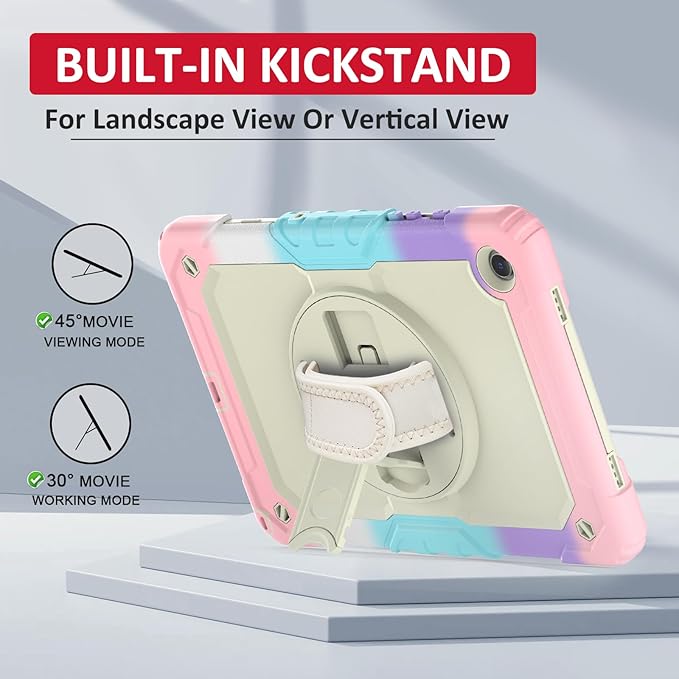Ambison Case for Samsung Galaxy Tab A9+ Plus 11'' 2023 [Kids Proof] Full Body Protective Case with 9H Tempered Glass Screen Protector 360° Rotatable Kickstand &amp Hand Strap (Light Pink)