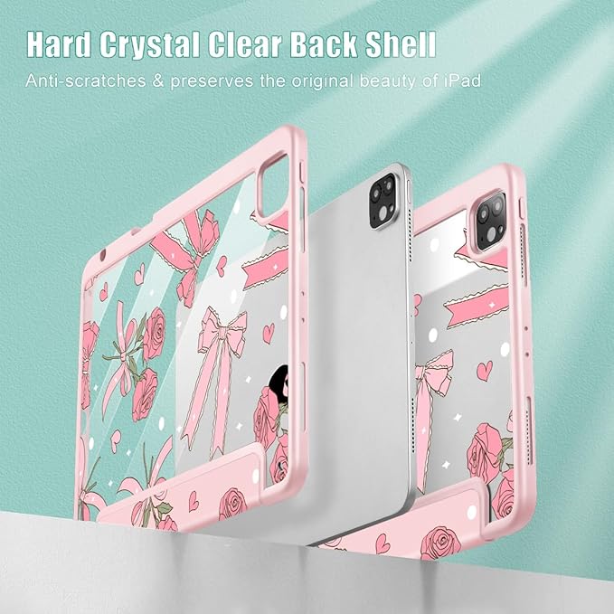 Tuiklol for iPad Pro 11 Inch Case M2 2022 Gen 4th -Built-in Pencil Holder Shockproof Cover Clear Transparent Back Shell Fit for iPad 11’’ 2021 2020 2018 Gen 3rd/2nd/1st for Kid Bow &amp Rose