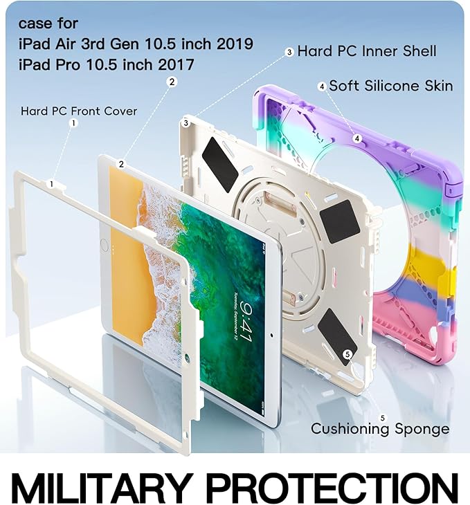 BRAECN Case for iPad Air 3rd Generation 2019 / iPad Pro 10.5 inch 2017 Rugged Heavy Duty Shockproof Cover with Pencil Holder 360° Rotating Kickstand &amp Adjustable Hand Strap &amp Shoulder Strap