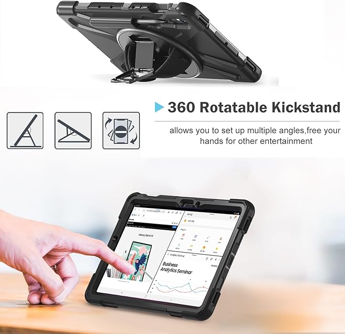 ProCase Rugged Case for Galaxy Tab S10 Lite 2025/S10 FE/S9 FE/S9/S8/S7 11 - with S Pen Holder Heavy Duty Shockproof Cover with Hand Strap 360 Degree Rotatable Kickstand Protective -Black