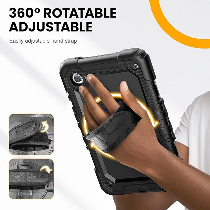Timecity for Samsung Galaxy Tab A9 Case 8.7 inch (SM-X110/X115/X117) with Built-in Screen Protector 360° Rotating Stand Hand Strap&ampShoulder Strap Case for Galaxy Tab A9 4G LTE Tablet- Black