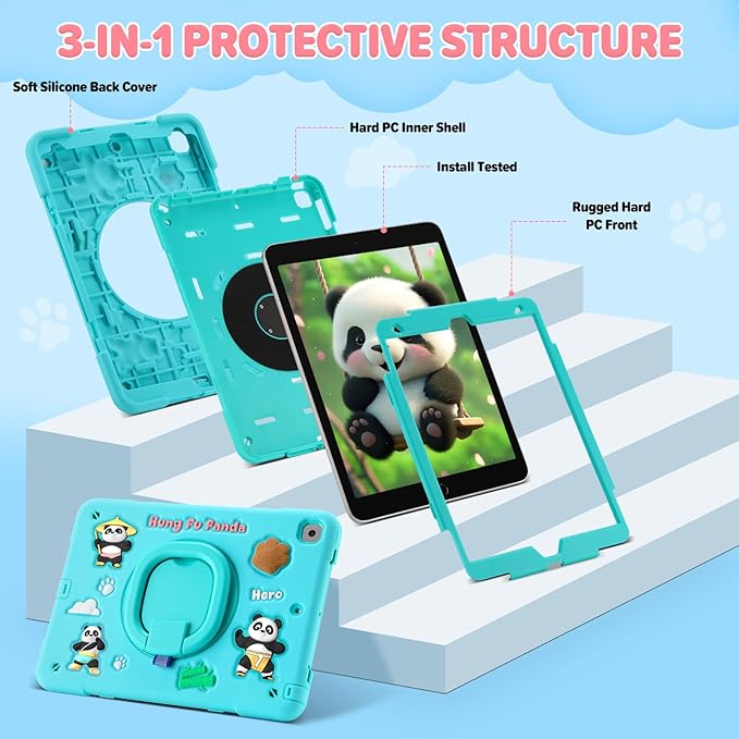 Case for iPad 9th/8th/7th Generation iPad 10.2 Inch 2021/2020/2019 Funny Cartoon Silicone 3D Panda Design Kids Case Heavy Duty Protection with Stand/Pencil Holder/Shoulder Strap