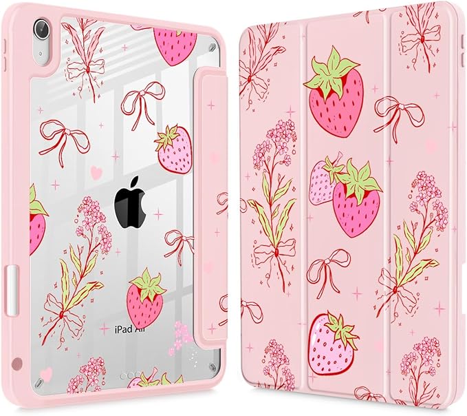May Chen for iPad Air 11-inch M4/M3/M2 (2026/2025/2024) iPad Air 5th/4th 10.9 Inch - Shockproof Cover with Clear Back Shell &amp Penceil Holder Auto Wake/Sleep Stand Cover Strawberry Bow