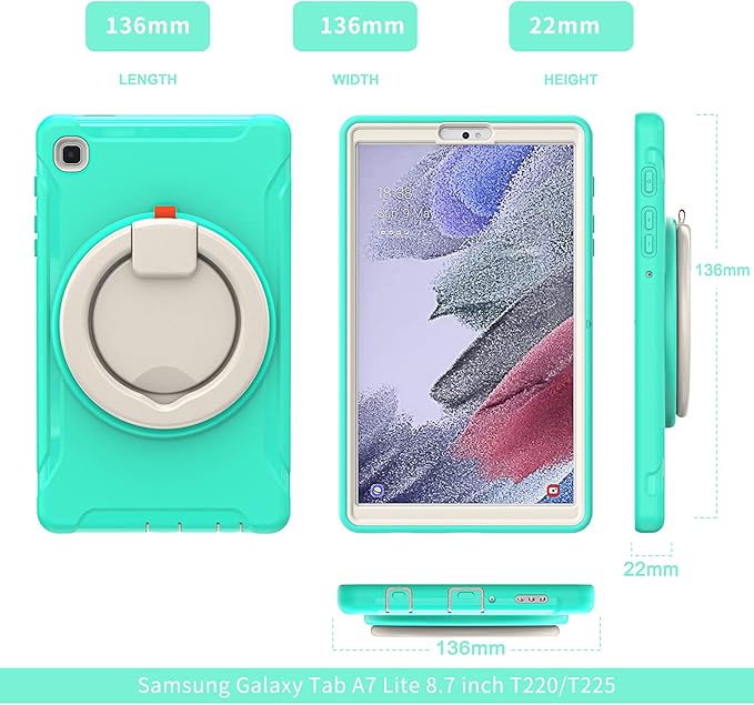 Shockproof Case for Samsung Galaxy Tab A7 Lite 8.7 Tablet Techcircle Rotating Stand Handle Heavy Duty Bumper Hybrid Cover Protective Case for Galaxy Tab A7 Lite (2021) SM-T220/T225 Mint Green