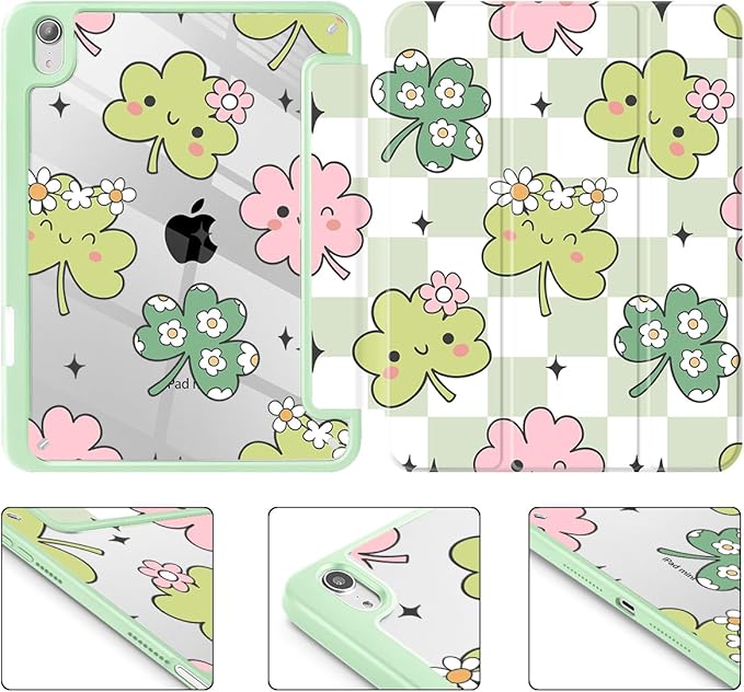 Mektron Printed Case for iPad mini 7 (A17 Pro) 2024/ Mini 6 2021 iPad mini 7th/6th Generation 8.3-inch Liquid Retina Display Cover Buit in Pencil Holder with Clear Back Shell Lucky Clovers