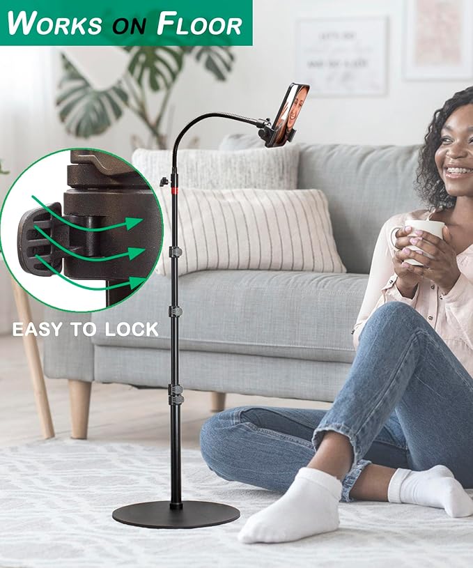 Tall Video Cell Phone Mount with Height Adjustable Stand Heavy Base 360 Head - Compatible with iPhone 16 16 Pro Max 16 Plus 15 14 13