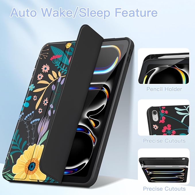 Teryeefi Case for iPad (A16) 11th Generation 11 Inch 2025 &amp iPad 10th Generation 10.9 Inch 2022 with Pencil HolderAuto Wake/SleepTrifold Stand Soft TPU Protective Cover (Pretty Flowers)