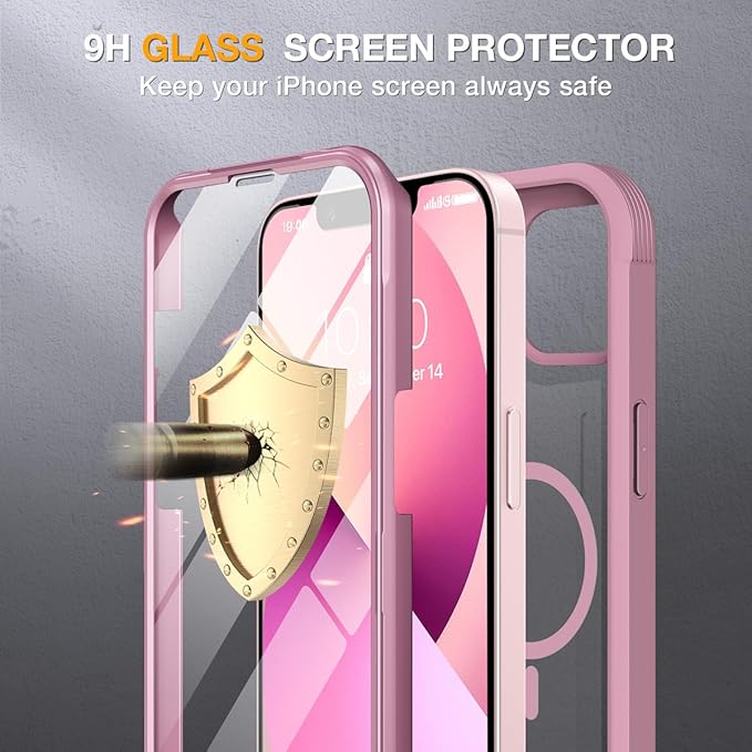 Miracase for iPhone 13 Mini Case 5.4with MagSafeBuilt in Screen ProtectorFull-Body Protection(Dark Pink)