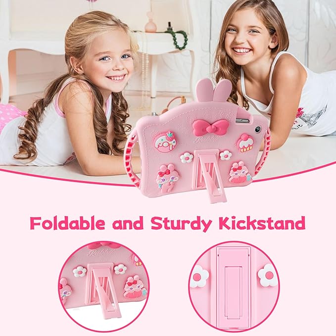 for Samsung Galaxy Tab A9 Plus Shockproof Case for Kids Girls with Adjustable Shoulder Straps and Handle Cute Rabbit Soft Silicone Tablet Cover for Galaxy Tab A9 Plus 11'' 2023(Pink)