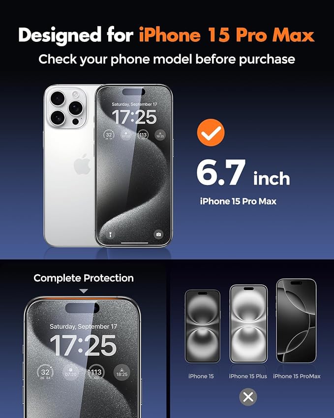 UNBREAKcable iPhone 15 Pro Max Screen Protector 3-Pack 3 Tempered Glass + 3 Camera Lens Protectors 9H Hardness HD Clarity Anti-Fingerprint Case Friendly 6.7 Inch