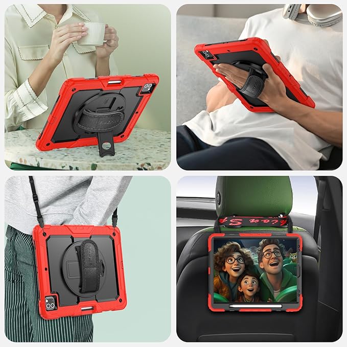 SEYMAC Case for iPad Pro 12.9 2022/2021/ 2020/2018 Heavy Duty Protection Shockproof Case with Screen Protector 360° Rotating Stand/Handle/Shoulder Strap Supports Pencil 2 Charging Red