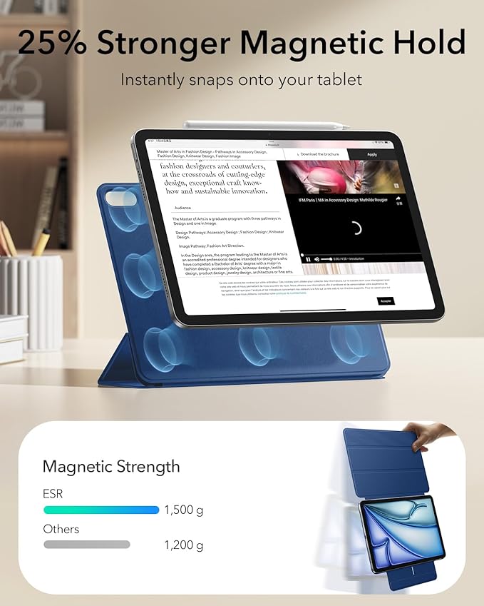 ESR for iPad Air 11 Inch Case M4/M3/M2 (2026/2025/2024) iPad Air 5th/4th Gen (2022/2020) Powerful Magnetic Attachment Slim Trifold Stand Case Auto Wake/Sleep Durable Protection Navy Blue