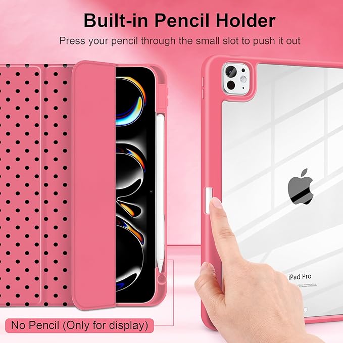 Case for iPad Pro 11 Inch (M5 2025 M4 2024) – [Built-in Pencil Holder] Shockproof &amp Stylish Clear Hard Back + Soft TPU Edge Magnetic Trifold Stand Auto Wake/Sleep Rose red Polka dot