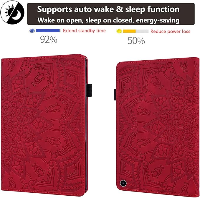 Case for Kindle Fire HD 10 &amp HD 10 Plus 10.1 inch (13th/11th Generation 2023/2021) Stand Embossed Flower PU Leather Magnetic Wallet Cover with Pencil Holder/Pockets [Auto Wake/Sleep] Red