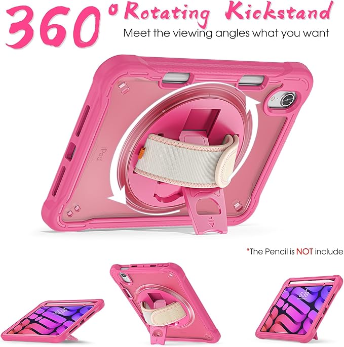 BRAECNstock Case for iPad mini 7 (A17 pro) 2024 &amp Mini 6 2021 8.3-inchShockproof Protective Cover with Pencil HolderScreen Protector360° Rotating Hand Strap/Stand-Rose Red