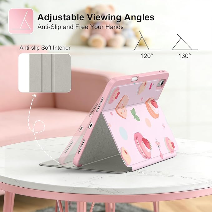 Supveco Case for iPad (A16) 11th Generation 11 inch (2025)iPad 10th Generation 10.9 inch (2022) with Pencil HolderPremium Folio Stand Case with Soft TPU Back CoverAuto Wake/Sleep-Pink Cake