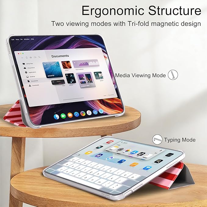 case for ipad 11th Generation11 Inch 2025 (A16 Chip) &amp 10th Gen 10.9 Inch 2022 - Slim Scratch-Resistant Hard PC Translucent Back Shell Smart Cover Wake/Sleep Function Red White Stripes