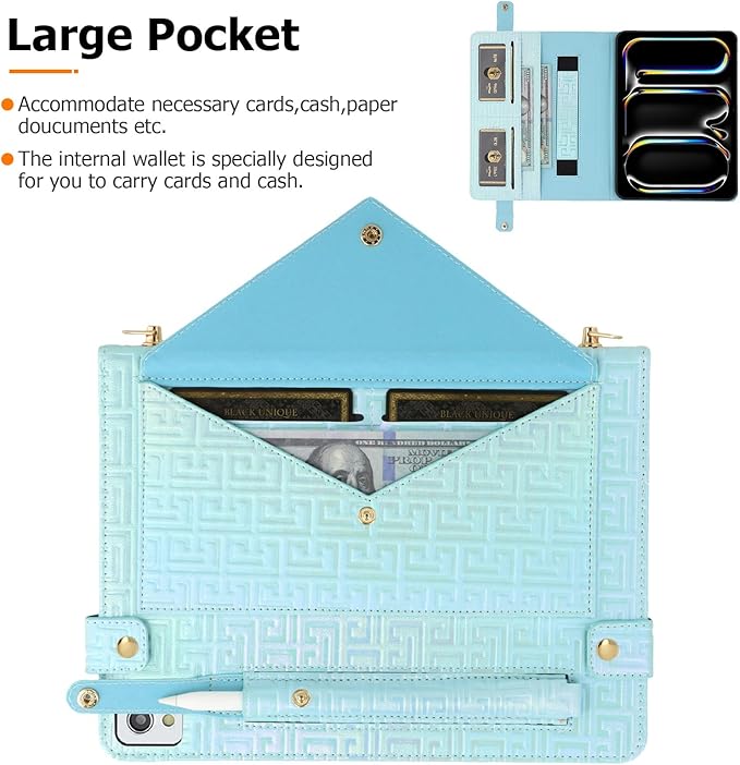 Dteck iPad 10th Generation Case 10.9 2022 - Luxury Sparkle PU Leather Kickstand With Pencil Holder Shoulder Hand Strap Card Slots Shockproof Protective Magnetic Pockets Wallet Lightblue