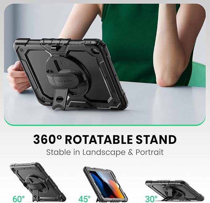 SEYMAC for iPad 9th/8th/7th Generation Case 10.2 2021-2019 Full-Body Shockproof Heavy Duty Protective Case with Screen Protector 360° Rotating Stand/Handle/Shoulder Strap for iPad 10.2 Black