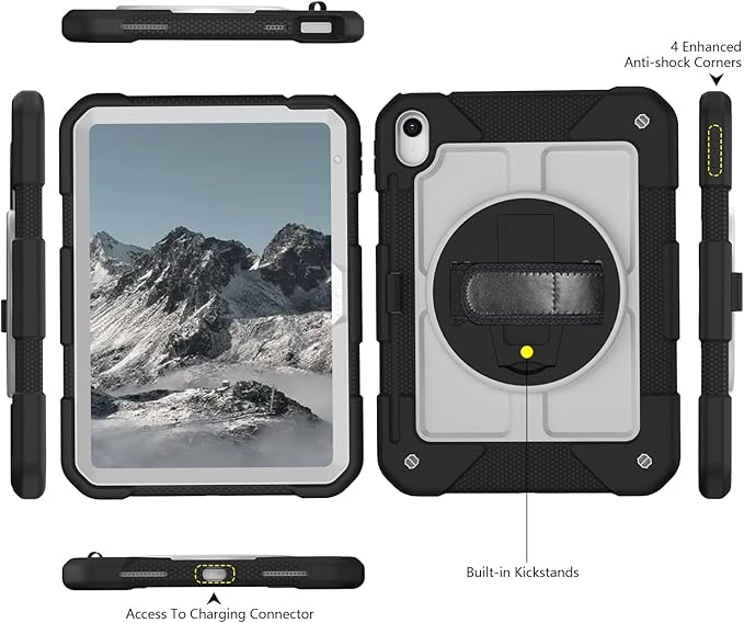 MENZO Case for iPad A16 11th Generation 11 Inch 2025 iPad 10th Gen 2022 10.9 inch 360° Rotating Stand Built-in Pencil Holder Convenient Hand and Shoulder Strap Durable Shockproof Black+Grey