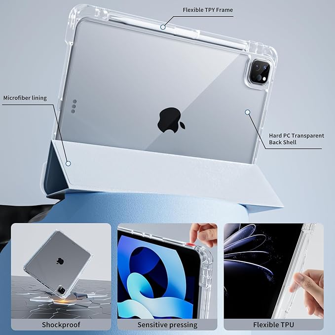 Case for iPad Air 13 Inch M3/M2 (2025/2024)iPad Pro 12.9 inch 2022/2021/2020 (6th/5th/4th Gen) | 2-in-1 Removable Clear Back Cover | Wireless Pencil Charging | Auto Sleep/WakeSky Blue