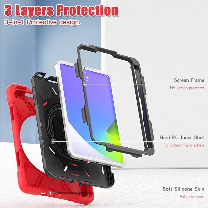 ZenRich Shockproof Case for iPad mini 7 (A17 Pro) 2024/ iPad mini 6th 2022 Heavy Duty Rugged Case with Pencil Holder/360°Rotating Kickstand/Handle/Carrying Shoulder BeltRed