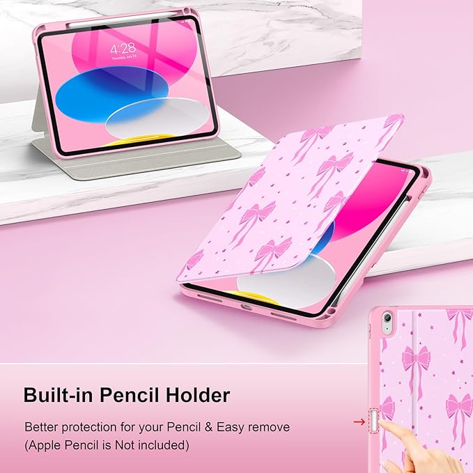 Supveco Case for iPad (A16) 11th Generation 11 inch (2025)iPad 10th Generation 10.9 inch (2022) with Pencil HolderPremium Folio Stand Case with Soft TPU Back CoverAuto Wake/Sleep-Pink Bows