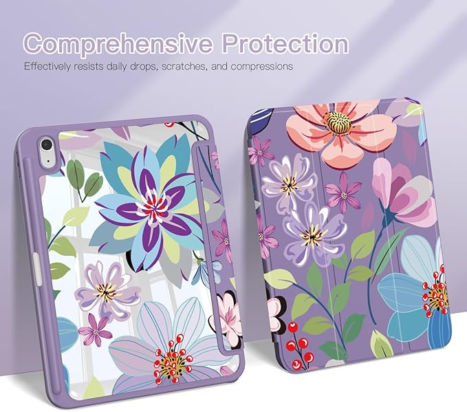 Teryeefi for iPad 11 inch (A16) 2025 11th Gen/iPad 10.9 inch 2022 10th Gen Built in Pencil Holder with Crystal Clear Hard Shell Back Cover with Auto Wake/Sleep &amp Stand Function Stylish Flower