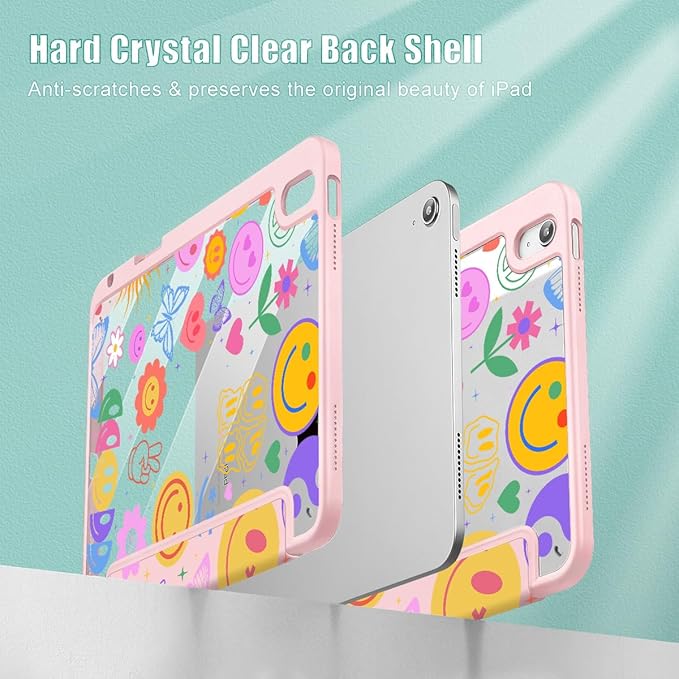 May Chen for iPad (A16) 11th Generation Case 11 Inch 2025 iPad 10th Gen Case 2022 10.9 inch Built-in Pencil Holder with Shockproof Cover Clear Back Shell Auto Wake/Sleep Smile Pattern