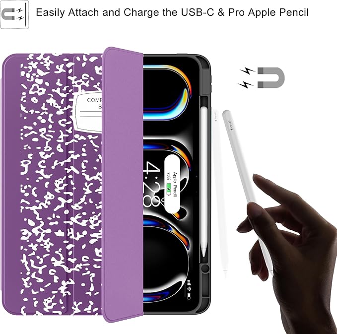 Soke Case for New iPad Pro 13 Inch (M5/M4 2025/2024 Release) with Pencil Holder Trifold Stand Shockproof [Support Apple Pencil Charging + Auto Wake/Sleep] Soft TPU Back Cover Book Violet