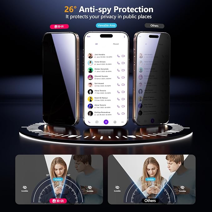 X-it 3-Pack HD Privacy Screen Protector for iPhone 16 Pro (6.3) 9H+ Tempered Glass Auto-Dust Removal Military Grade Protection Bubble-Free Full Coverage Case Friendly