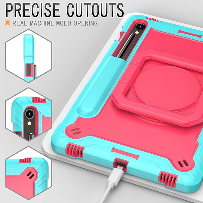 Case for Galaxy Tab S9 FE+/Tab S9+ 12.4 inch Rugged Armor Heavy Duty Hybrid Cover with Adjustable Stand and Handle for Tab S9 Plus 12.4 with Shoulder Strap and S Pen Holder (Teal/Pink)