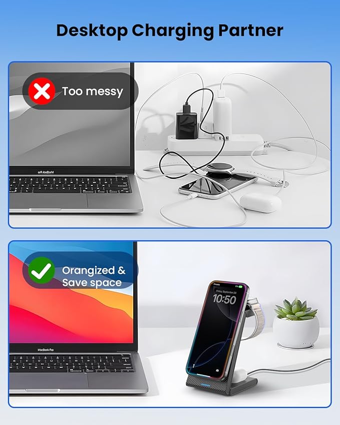 3 in 1 Wireless Charging Station Foldable Magnetic Wireless Charger Stand for Multiple Devices Wireless Charger for iPhone 16/15/14/13/12 Apple Watch 9/8/7/6/SE/5/4/3/2 AirPods 3/2/Pro