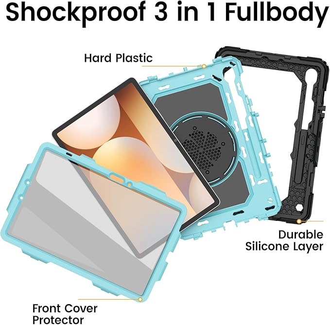 HXCASEAC Case for Galaxy Tab S10 lite / S10 FE / S9 FE 10.9 Inch Shockproof | 360° Rotating Stand | S Pen Holder | Screen Protector | Shoulder Strap | Samaung S10 Lite Tablet Case Kids Light Blue