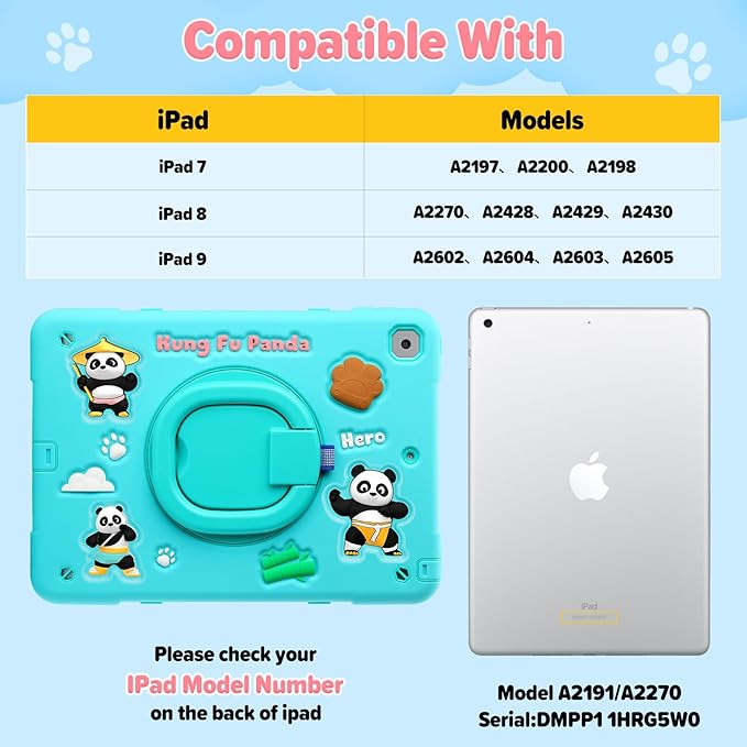 Case for iPad 9th/8th/7th Generation iPad 10.2 Inch 2021/2020/2019 Funny Cartoon Silicone 3D Panda Design Kids Case Heavy Duty Protection with Stand/Pencil Holder/Shoulder Strap