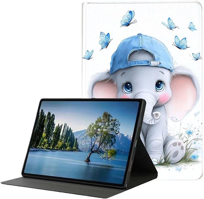 Case for Samsung Galaxy Tab A11/A9 8.7 Inch 2025/2023 CaseSlim Lightweight PU Leather Cover with Auto Wake/SleepAdjustable Viewing Angles.Blue Butterfly Elephant Baby